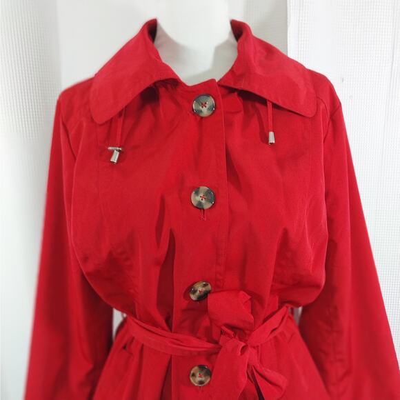 LONDON FOG "TOWNE!" RACY RED COTTON DUCK BELTED RAINCOAT, W/BUTTON ON HOOD! SZ L - Picture 5 of 13